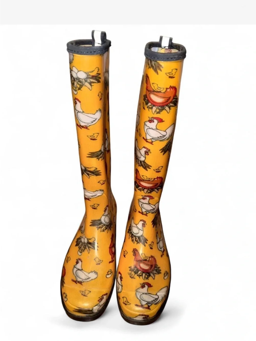 Yellow Printed Knee-High Rain Boots with Playful Chicken and Egg Graphics